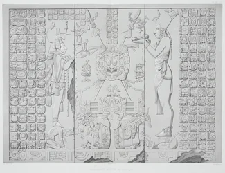 Reliéf zobrazující kněze s oběťmi ze svatyně Chrámu Slunce, Palenque, desky 29 a 30 z Ancient Monuments of Mexico, vyryl Werner, 1866