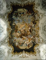 Barokní umění: „Panna obklopená svatými““ Freska trezoru od Johanna Georga Bergmullera (1688-1792) 1736 Kostel Augustinského kláštera. 1732-1739 Diessen am Ammersee, Německo