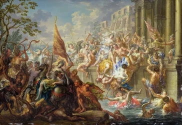 Bitva o Amazonky, kolem roku 1730 (olej na mědi)