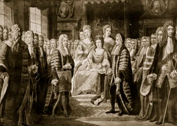 Předložení článků unie královně Anně, 1706, ilustrace z „Hutchinsonových dějin britského národa“, kolem roku 1923