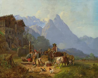 Heinrich Bürkel Horská vesnice s kašnou c1845
