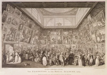 Vnitřní pohled na Somerset House ukazující výstavu Královské akademie umění v roce 1787