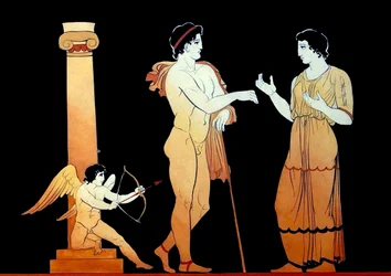 Eros míří jedním ze svých šípů na mladý pár mluvící kolem roku 1796 (Copper Plate Engraving)