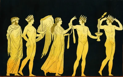 Bohyně Nike uděluje Sash of Victory třem vítězům korunovaným vavřínem kolem roku 1796