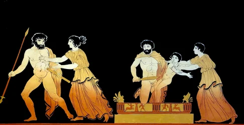 klasická scéna považována za vojáky ohrožující život Astyanaxe, když se ho jeho matka Andromache snaží ochránit kolem roku 1796 (rytina mědi)