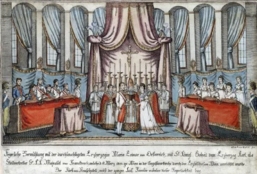 Marie-Louise se ve Vídni provdala za Napoleona v zastoupení, arcivévoda Karel zastupoval Napoleona - Loeschenkohl, Johann Hieronymus (1753-1807) - 1810 - Lept, akvarel - 33,4x44,5 - Soukromá sbírka