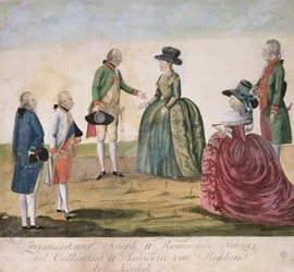 Setkání mezi Josefem II. Německým (1741-90) a carevnou Kateřinou Velikou (1729-96) v Koidaku, 18. května 1787 (barevná mědirytina)
