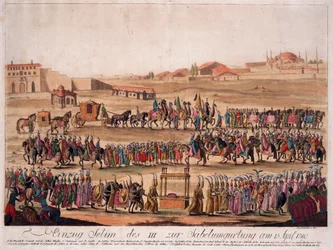 Vstup sultána Selima III. (1761-1808) do Opěsávání šavle 13. dubna 1789 - Loeschenkohl, Johann Hieronymus (1753-1807) - 1789 - Lept, akvarel - 38,6x50,2 - Soukromá sbírka