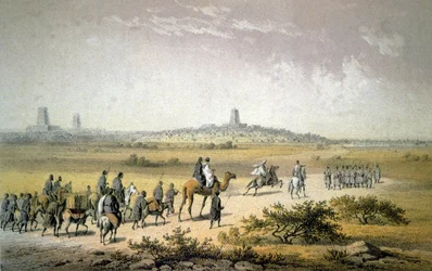 Heinrich Barth se blíží k Timbuktu, asi 1860 (litografie)