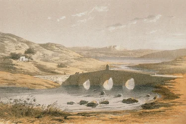 Jacobs Bridge přes řeku Jordán. Lept od Bernatze et alii - Steinkopk J. F. Editore