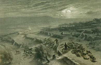 Údolí pastýřů v Betlémě. Lept od Bernatze et alii - Steinkopk J. F. Editore