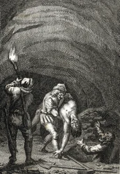 Friisiläisten surmaama hollantilaisen William II:n kuolema, joka hautaa hänet salaa talon lattian alle Kaiverrus Johann Michael Mettenleiter (1765-1853) 1800 Yksityinen kokoelma