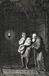 Císař Karel IV. (1346-1378) sbírá na hrobě Widukinda Saského (nebo Wittekinda Saského) Engerské Německo v roce 1377 (Karel IV., císař Svaté říše římské u hrobu Widukinda (Widuking nebo Wittekind) v Engeru, Německo) Rytina od Johanna Michaela Me
