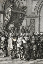 Vilhelm I:n (tai Vilhelm II, Hollannin kreivi) (1227-1256) esitys vuonna 1255 (Hollannin kreivi Willem II myönsi etuoikeuksia) Johann Michael Mettenleiterin (1765-1853) kaiverrus 1800 Yksityinen kokoelma