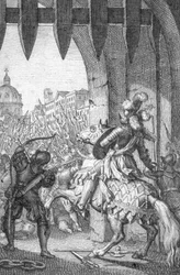 Do Říma vstoupil Jindřich VII. Lucemburský (1275-1313) v roce 1312 (Henry VII., císař Svaté říše římské, když vstoupil do Říma, aby byl korunován císařem 1312) Rytina Johanna Michaela Mettenleitera (1765-1853) Soukromá sbírka 1800