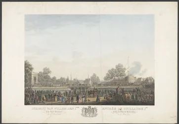 Příjezd Viléma I. do města Bruselu 30. března 1815 / Entrée de Guillaume 1er dans la Ville de Bruxelles, 30. Mars 1815 (název na předmětu) Dvanáct desek o příjezdu a inauguraci Viléma I. v Bruselu a bitvách u Quatre-Bras