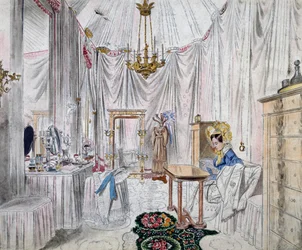 Šatna císařovny Karolíny Augusty na vídeňském zámku, akvarel na papíře od Johanna Stephana Deckera (1784-1844)