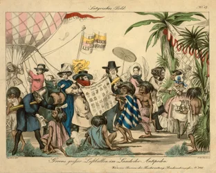 Greenův horkovzdušný balón v Antipodes, kolem roku 1840 (ručně kolorovaný lept)