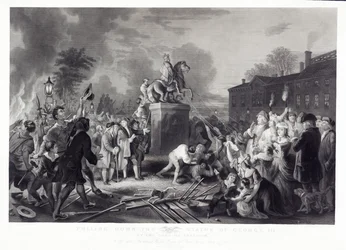 Stržení sochy Jiřího III. od Synů svobody, v Bowling Green, City of New York, červenec 1776, hospoda. 1875