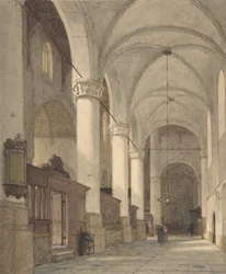 Klenutá boční loď kostela s figurami, 19. století.