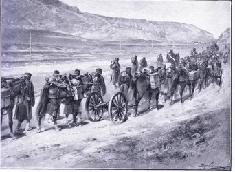 Baterie polních děl na cestě do Ichonu, ilustrace z Cassells History of the Rusko-japonské války Vol 1, kolem roku 1900