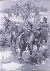 Skvělý jezdecký výkon. Ruská jízda překračující řeku, ilustrace z Cassells Historie rusko-japonské války Vol 1, kolem roku 1900