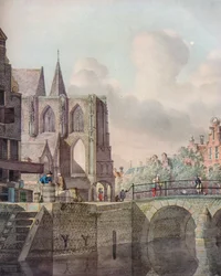 Kontinentální říční scéna s mostem a kostelem, c18. století