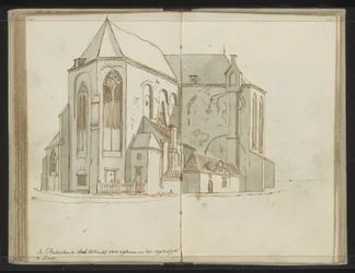 Vpravo a vzadu Pieterskerk v Utrechtu