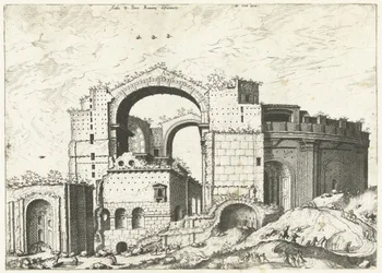 Gezicht op de Sint Pieter v Římě Deformace Aedis D. Peter Romana (titul na objektu) Římské ruiny, 1561 (název série)