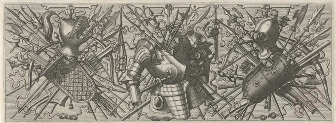 Vlevo vlys s přilbou, štítem a zkříženými tyčovými zbraněmi a kušemi Panoplia sev armamentarium… (název série)