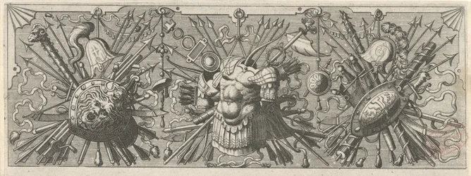 panoplia. Vlys s římskými zbraněmi, horní část Panoplia sev armamentarium… (název série)