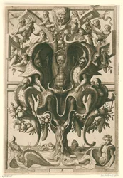 Mušle podobný ornament, ve kterém jsou uvězněny postavy. Veelderleij Wisselinghe van grotissen ende Compertimenten (...)Libro Primo (název série)