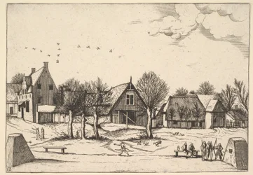Venkovská vesnice, lukostřelci v popředí z Multifariarum casularum ruriumque linea..., 1559-61.