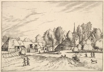 Venkovská vesnice s kostelní věží z domků Multifararum a venkovských linií..., 1559-61.