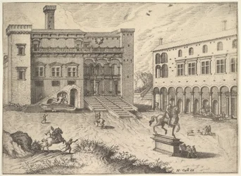Pohled na Campidoglio na Capitoline Hill, s jezdeckou sochou vpravo dole, z..., 1562.
