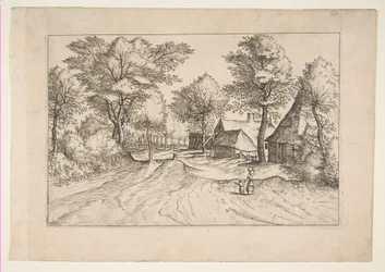 Vesnická cesta s farmou a kůlnami, ze série, The Small Landscapes Multifariaru..., 1559-61.