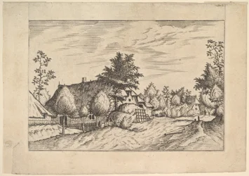 Village Street, seno naskládané před farmou ze statkové farmy a venkova..., ca. 1559-61.
