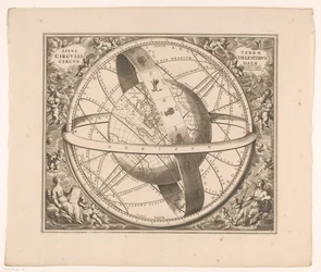 Hemelkaart van de aarde volgens het stelsel van Ptolemaeus Poloha Země obklopené nebeskými kruhy (nadpis na objektu)