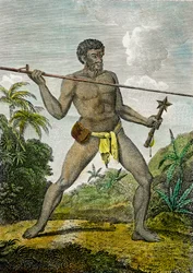Vyobrazení muže z Nové Kaledonie, který hází oštěpem. V druhé ruce drží kyj, kolem roku 1800 (rytina)
