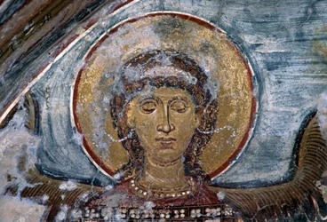 Freska s andělem v byzantském kostele Agios Georgios, Vathi, Kréta, Řecko (foto)