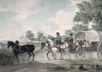 Belgický vůz přepravující zraněné z pole po bitvě u Waterloo, 1815