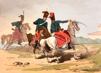 Husaři v uniformách maďarského stylu, ilustrace z „Manners, Customs und Amusements of the Russian“ od Jamese Walkera, vydané 1803-4 (lept akvatinty)