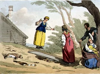 Skákání na prkně, deska 54 ze svazku II knihy "Mravy, zvyky a zábavy Rusů", lept autora, vyd. 1804 (akvatinta)