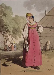 Selská dívka, deska 27 z I. dílu „Mýry, zvyky a zábavy Rusů“, vyryto umělcem, hospoda. 1803 (akvatinta)