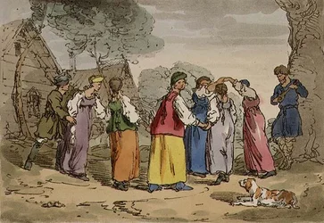 Vesnické zábavy, deska 82 ze svazku III „Zvyky, zvyky a zábavy Rusů“, vyryto umělcem, hospoda. 1804 (akvatinta)