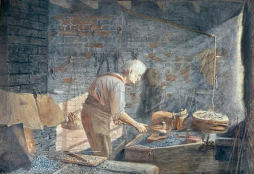 Kovář pracující v kovárně (akvarel)