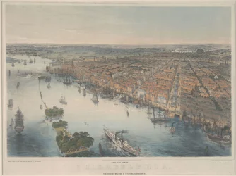 Pohled z ptačí perspektivy na Philadelphii, kolem roku 1850 (barevné lito)