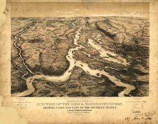 Pohled z ptačí perspektivy na křižovatku řek Ohio a Mississippi s Káhirou a částí jižních států LOC 99447003.