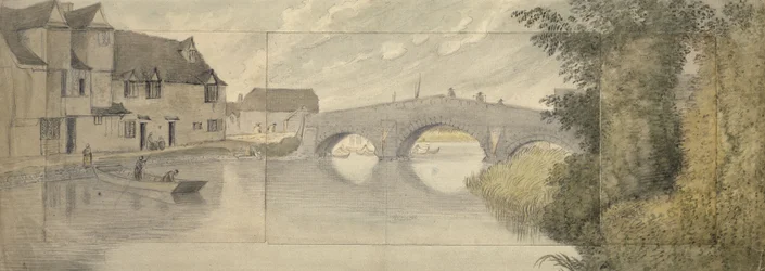 Hythe Bridge, Oxford, 1789 (akvarel přes grafit na třech listech papíru nalepených na větší list)