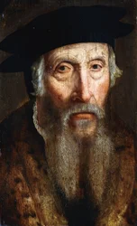 Portrét vousatého muže, busta, v kabátě lemovaném kožešinou a černém klobouku, kolem roku 1547
